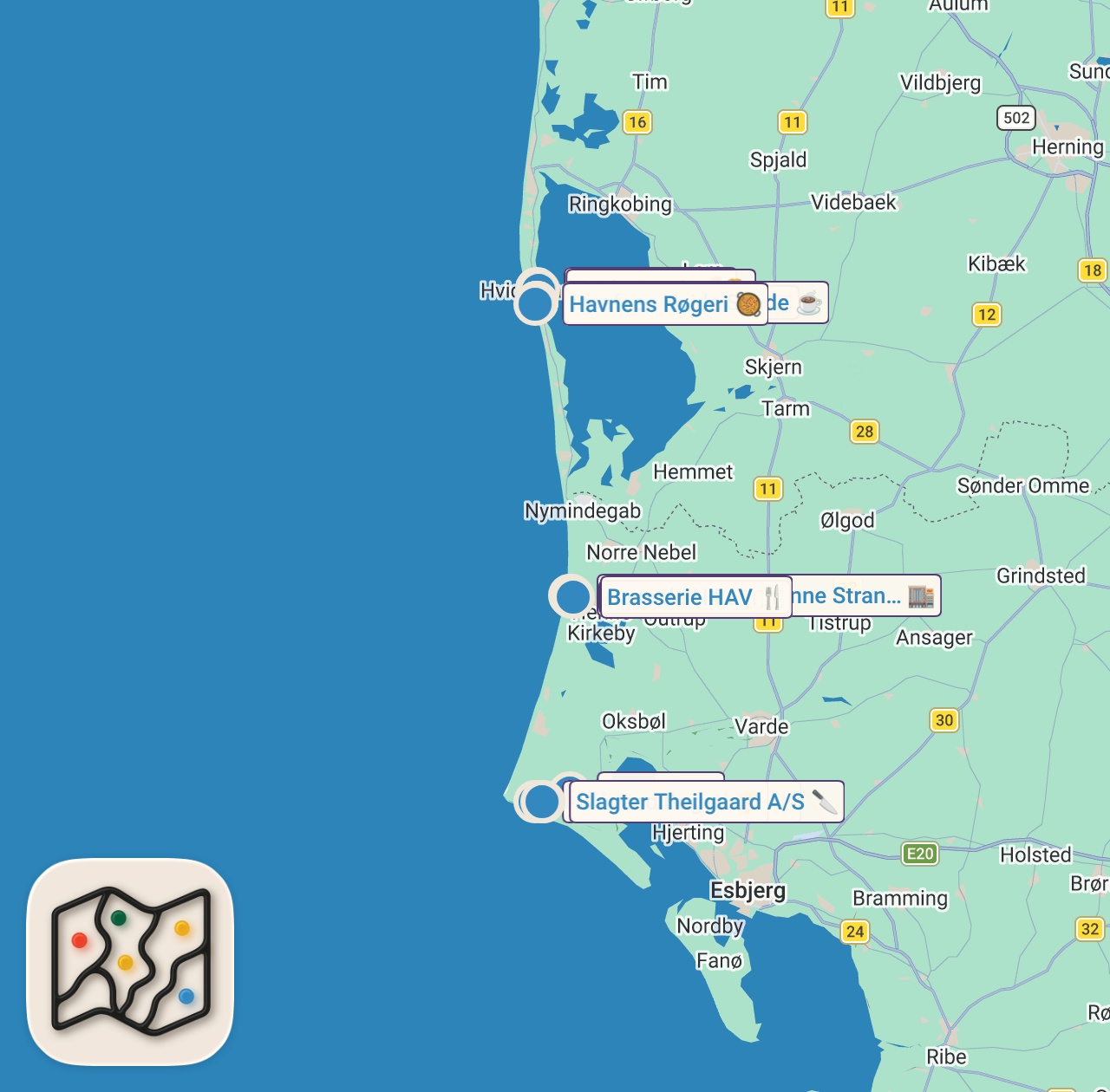 Map of 14 spots from Bedste Mad ved Vesterhavet? Fra Hvide Sande til Blåvand