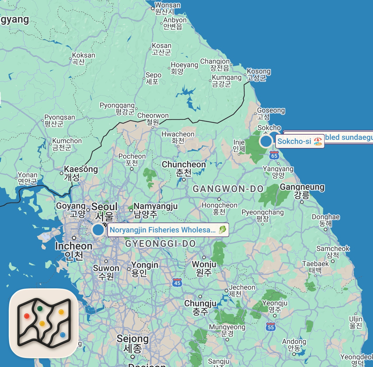 Map of 4 spots from Red Snow Crab!! 🦀 GIANT CRAB RAMEN + Street Food in Korean Seafood Capital!