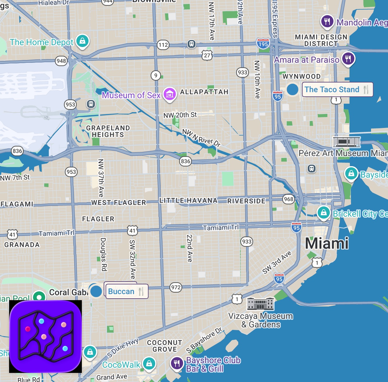 Map of 3 spots from Sandwich crawl in Coral Gables