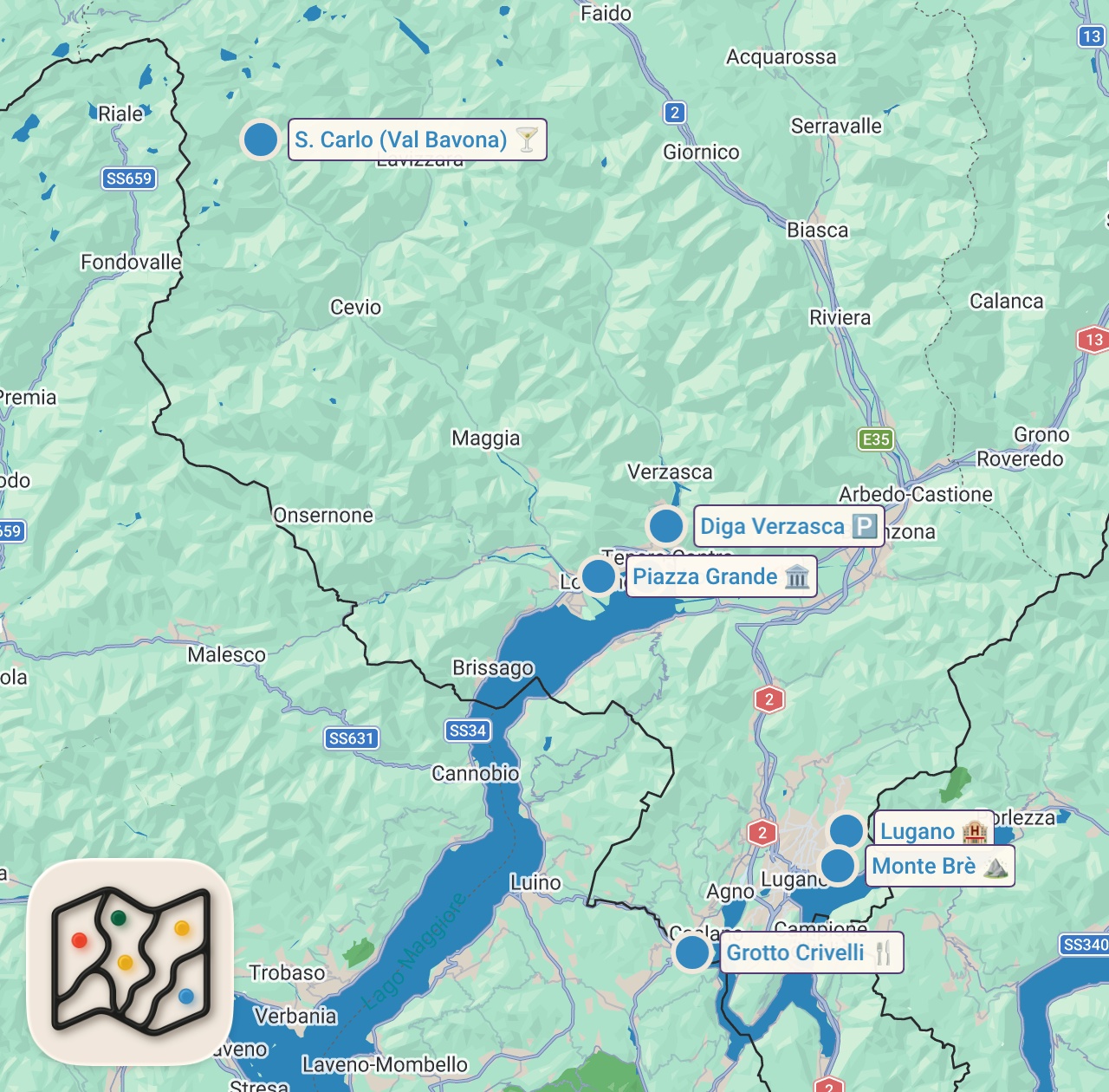 Map of 7 spots from THE BEST OF TICINO SWITZERLAND