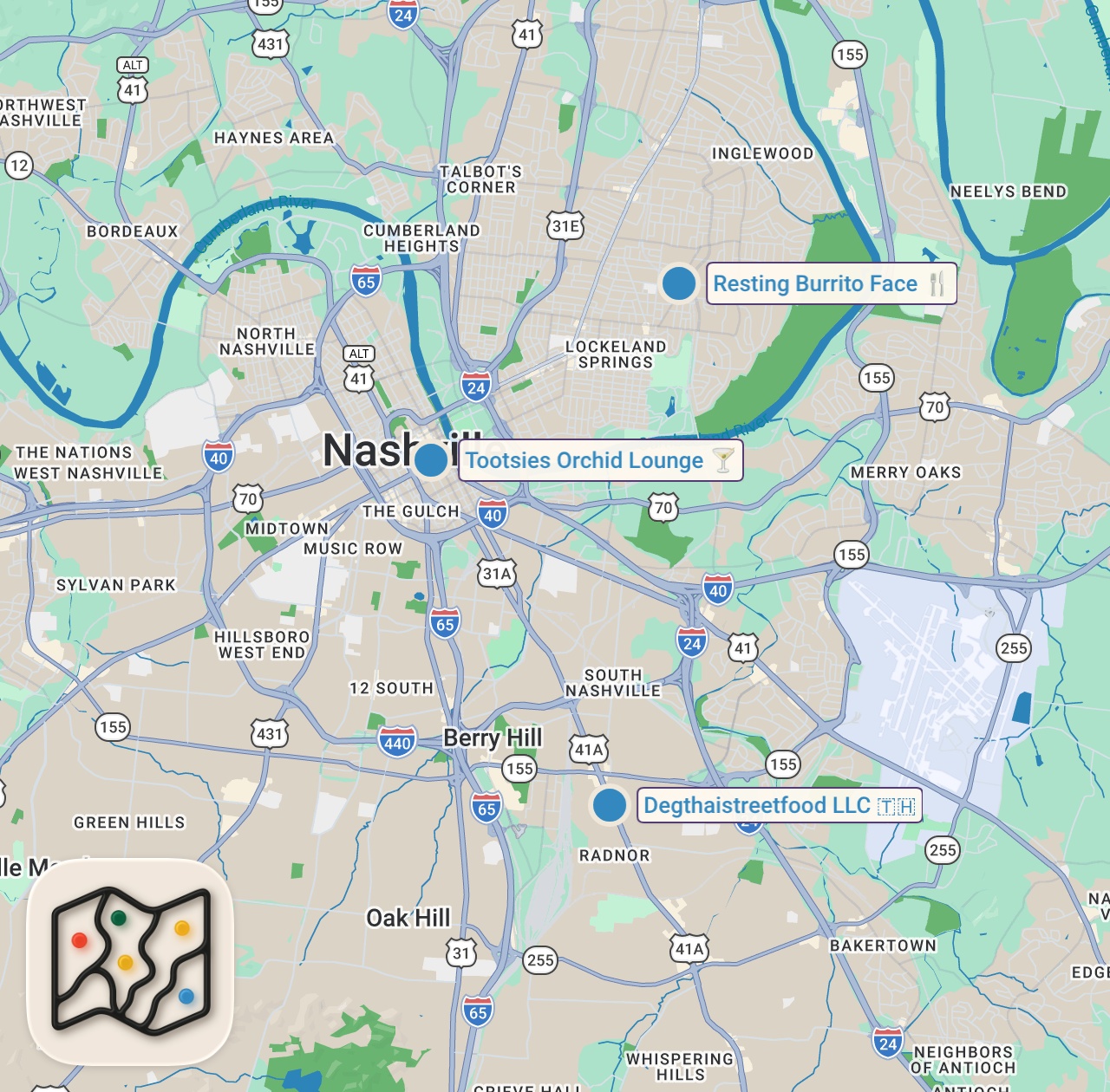 Map of 3 spots from Eating at Instagram's Most VIRAL Food Spots For 24 Hours (Nashville)