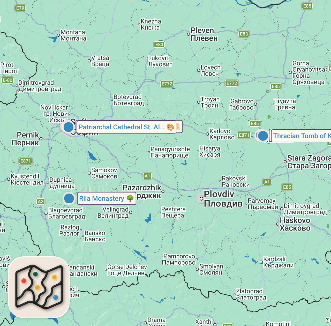 Map of 5 spots from Disappointing Start - First 24 Hours In Sofia, Bulgaria 🇧🇬