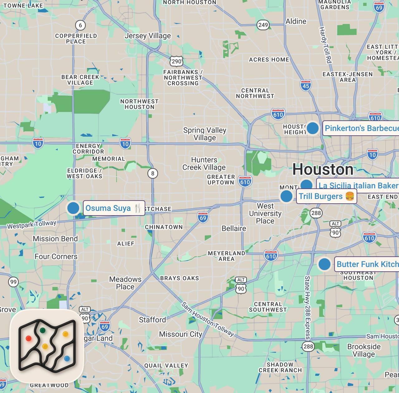 Map of 5 spots from Trying Viral TikTok Foods in Houston Texas