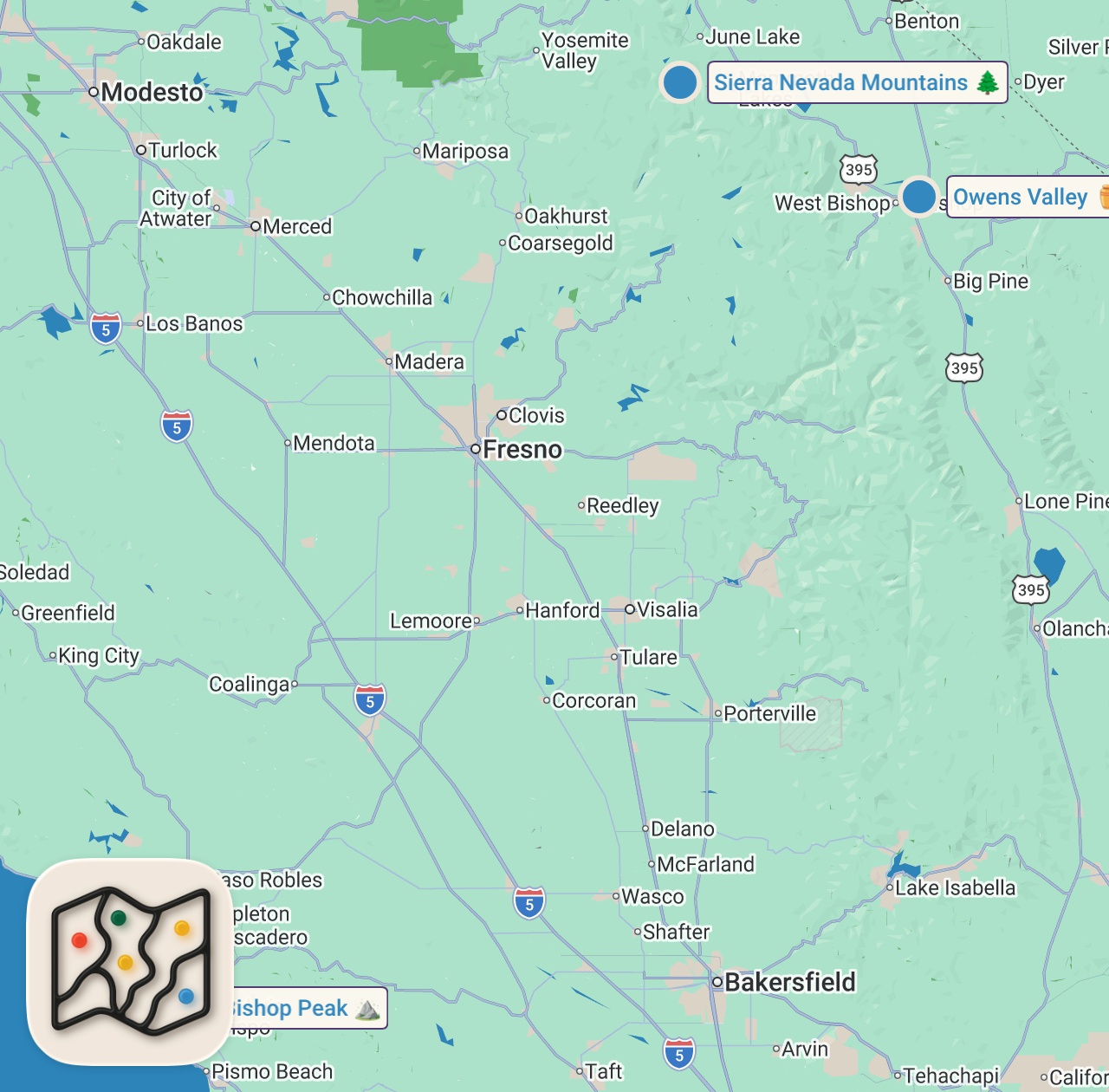 Map of 3 spots from Exploring California's Sierra Nevada Mountains