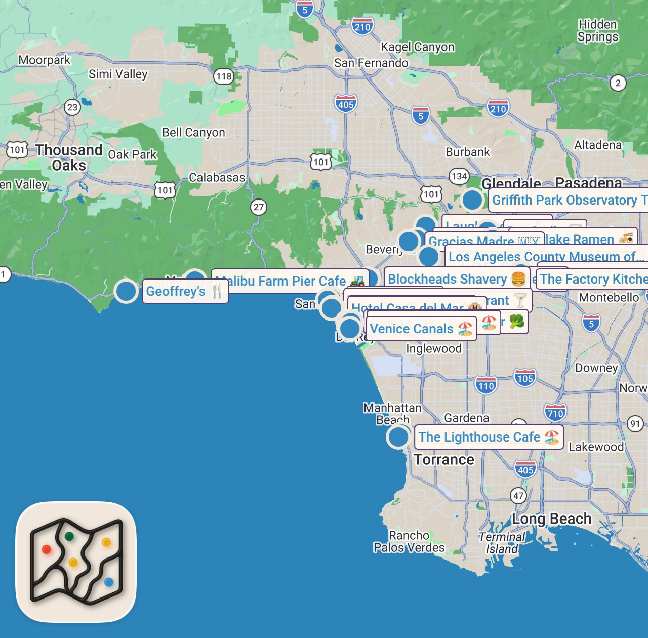 Map of 25 spots from Best Romantic Date Ideas in Los Angeles, California