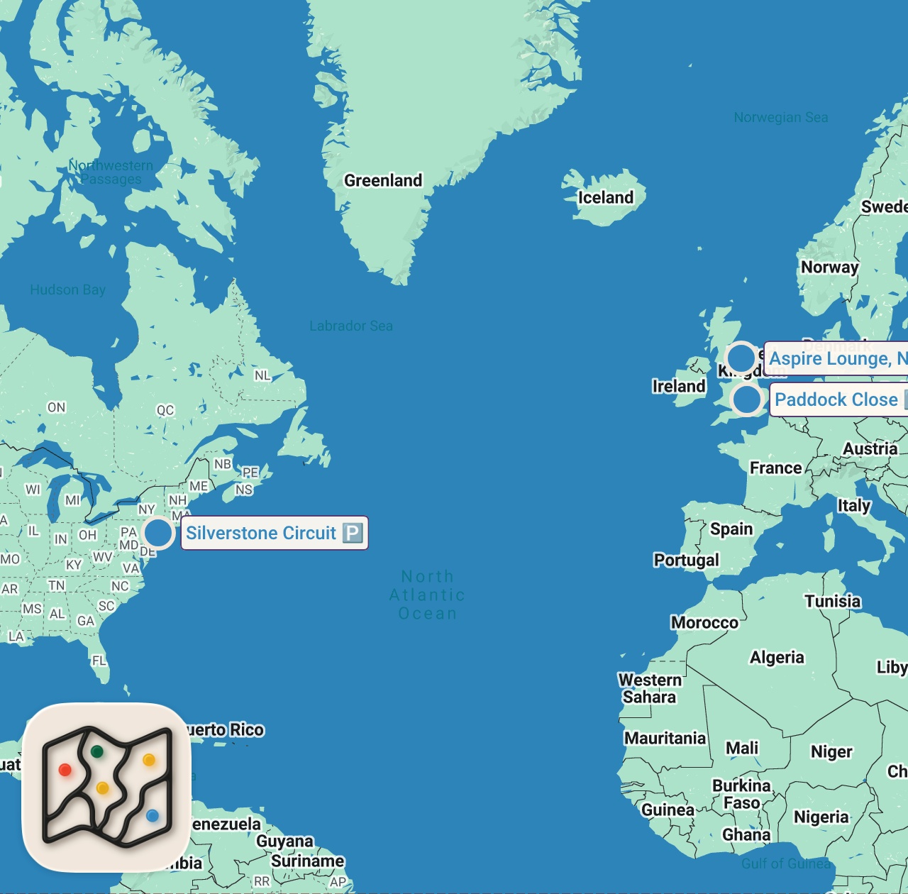 Map of 4 spots from I ate EVERYTHING at the British Grand Prix