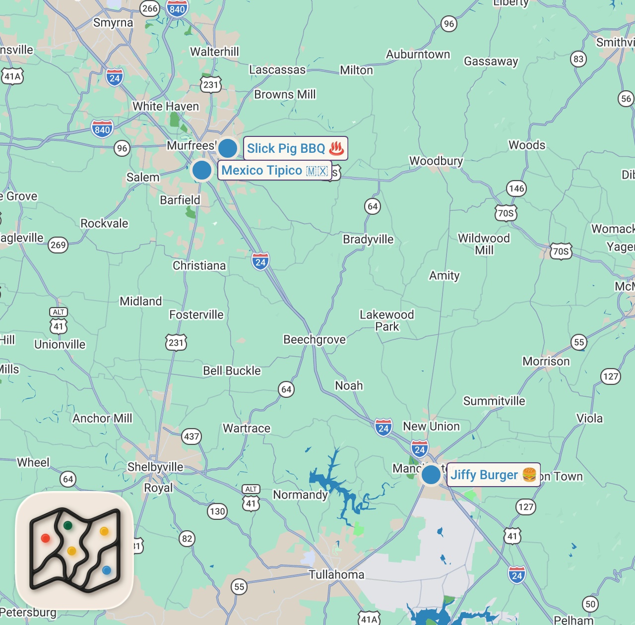 Map of 3 spots from Letting Subscribers Decide Where I Eat For 24 Hours...