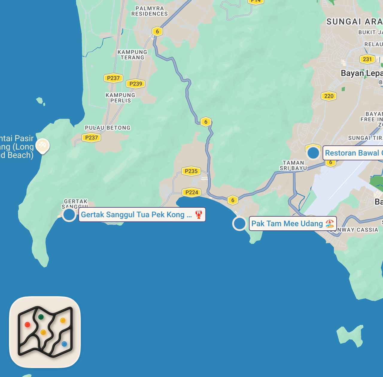Map of 3 spots from $6 Shrimp Noodles!! 🦐 MALAYSIAN STREET FOOD - Seafood Tour in Penang, Malaysia!