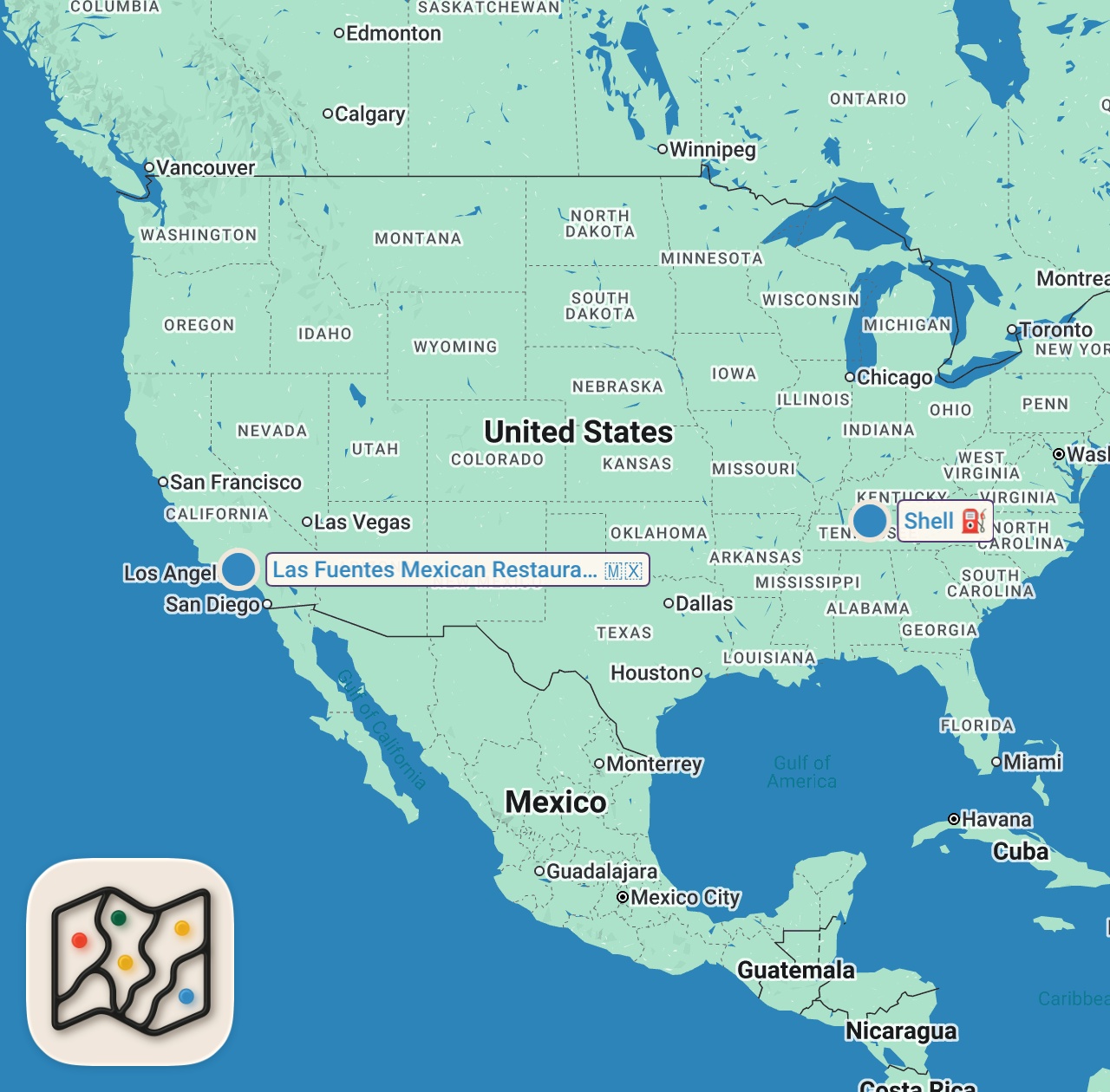 Map of 2 spots from Eating Gas Station Food For 24 Hours (Impossible Food Challenge)