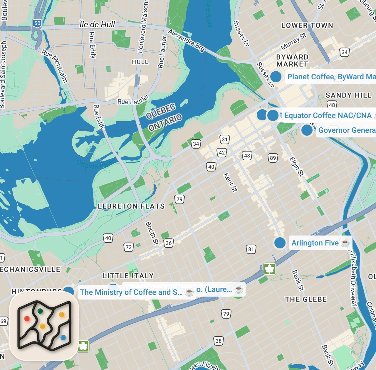 Map preview for Ottawa Coffee Tour | 7 Must-Try Cafés Around the City