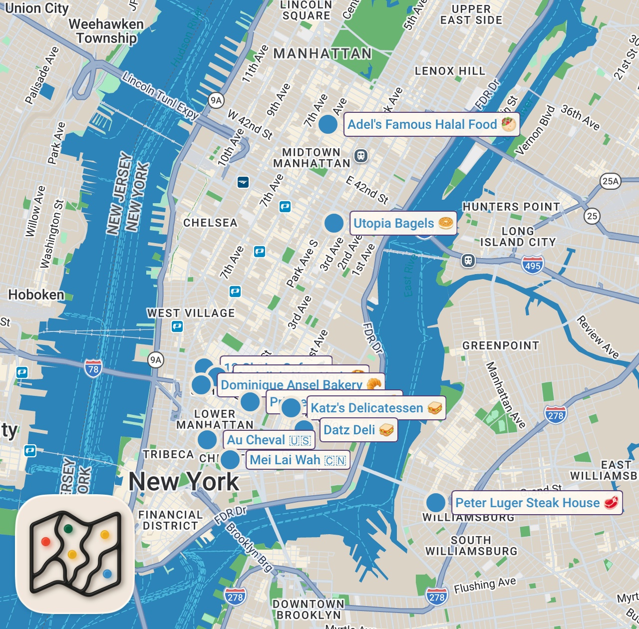 Map of 13 spots from Worth It? Eating and Rating TikTok's Most VIRAL NYC Foods 2024 (14 spots)