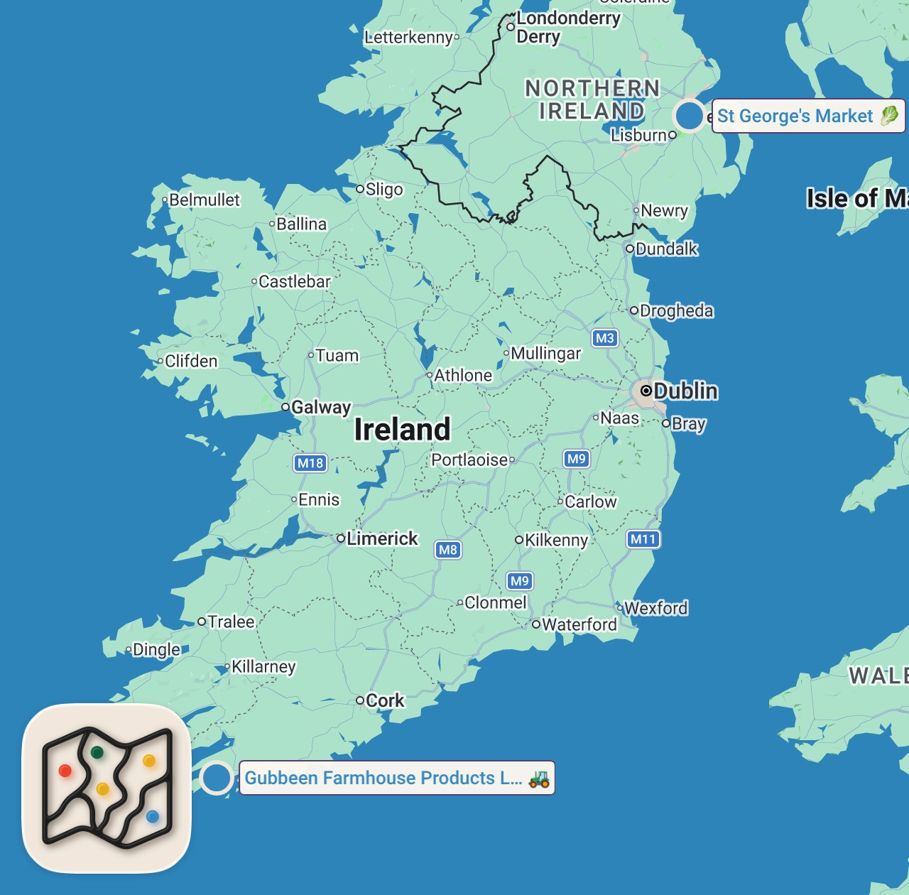 Map of 2 spots from AMERICANS TASTE TEST IRISH FOOD