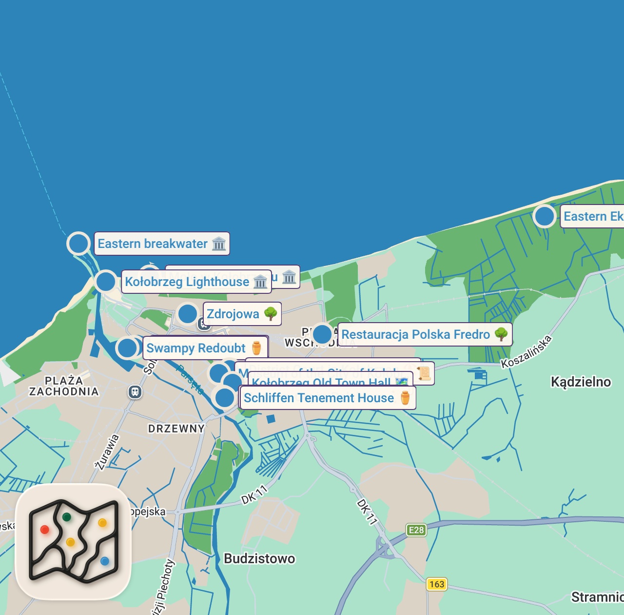 Map of 16 spots from I thought I knew Kołobrzeg. I was very wrong.