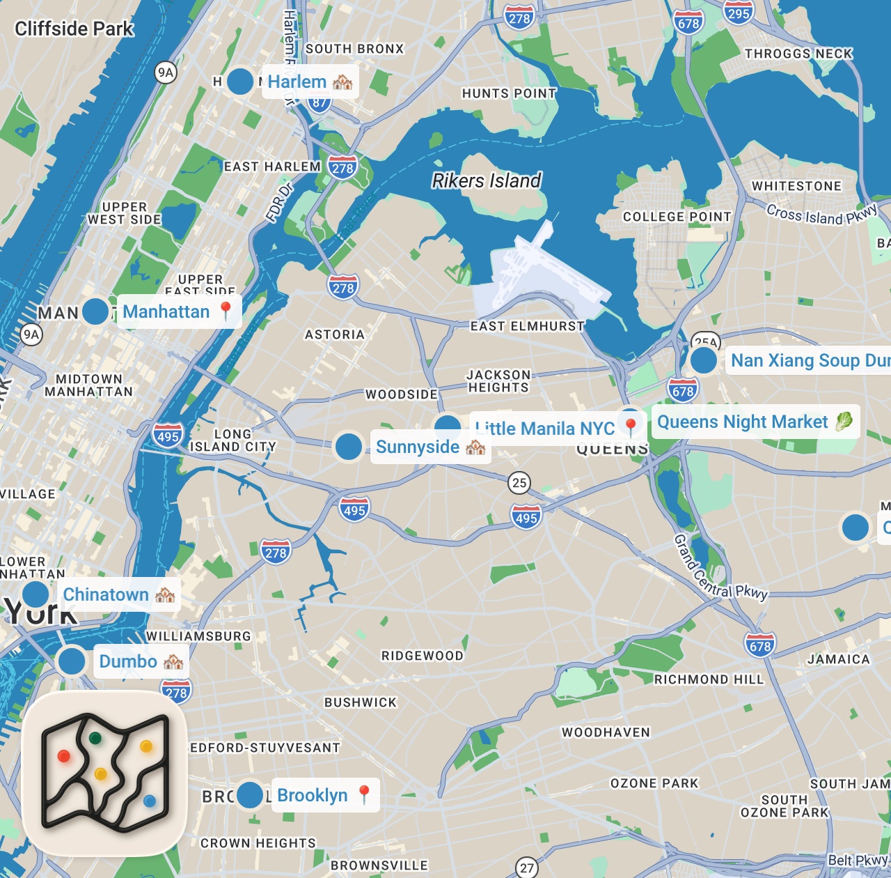 Map preview for NYC FOOD MARATHON Best of 2024: Brooklyn, Manhattan & Queens (Street Food & Restaurants!)