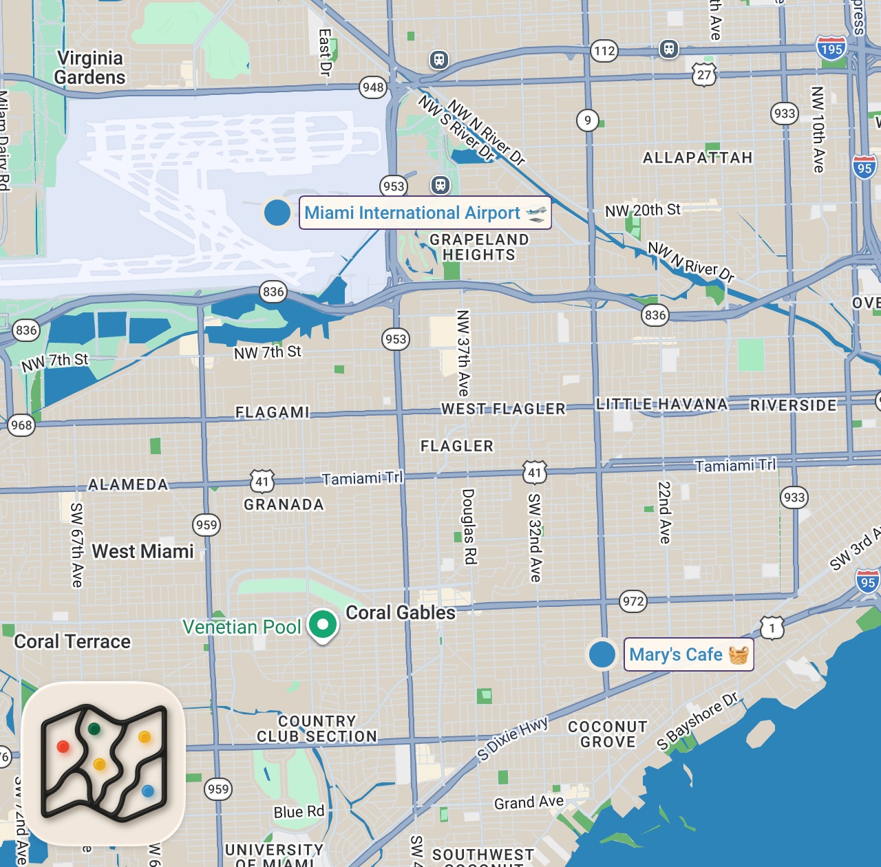 Map of 2 spots from I Tried The WEIRDEST Restaurants For 24 Hours (Miami)