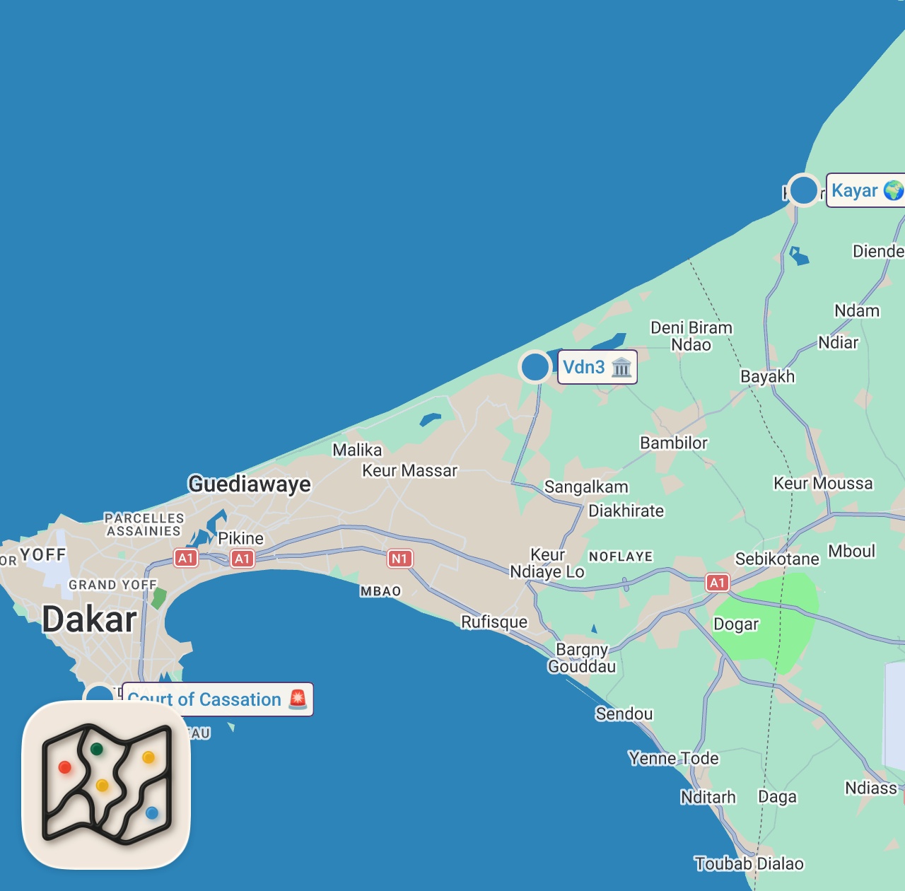 Map of 3 spots from EXTREME Street Food in Africa!! SEAFOOD MOUNTAIN on Beach in Dakar, Senegal!!