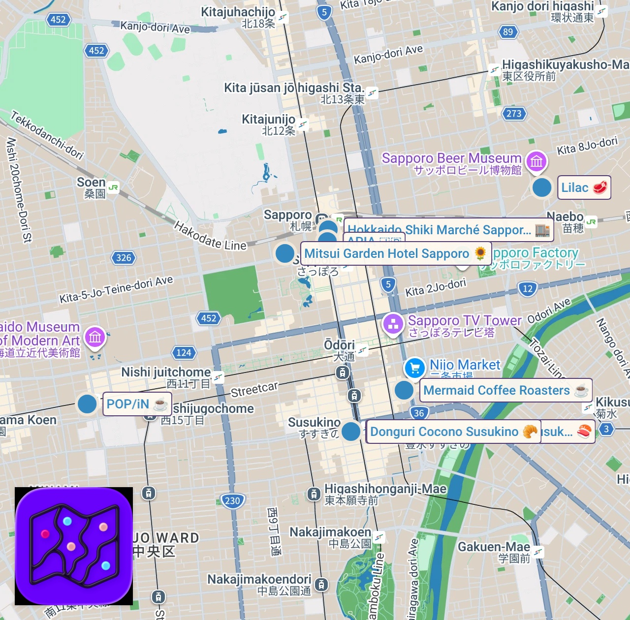 Map of 8 spots from 【札幌一人旅】5月の札幌も最高だった！春の味覚と咲き誇るライラックで癒された〜
