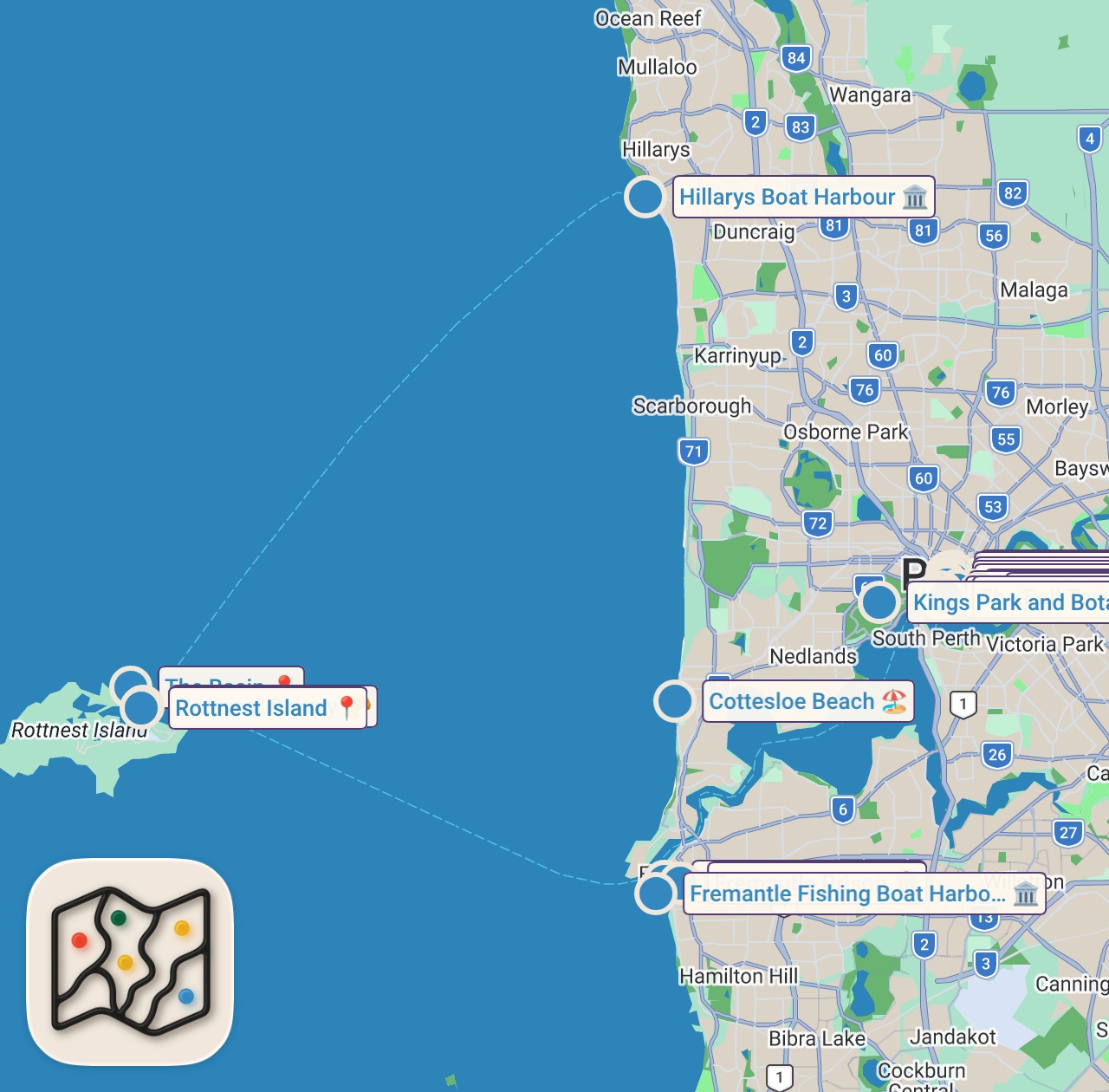 Map of 34 spots from Perth 2026 Travel Guide: Places to Visit & Things to Do • Budget Itinerary & Tips •Western Australia
