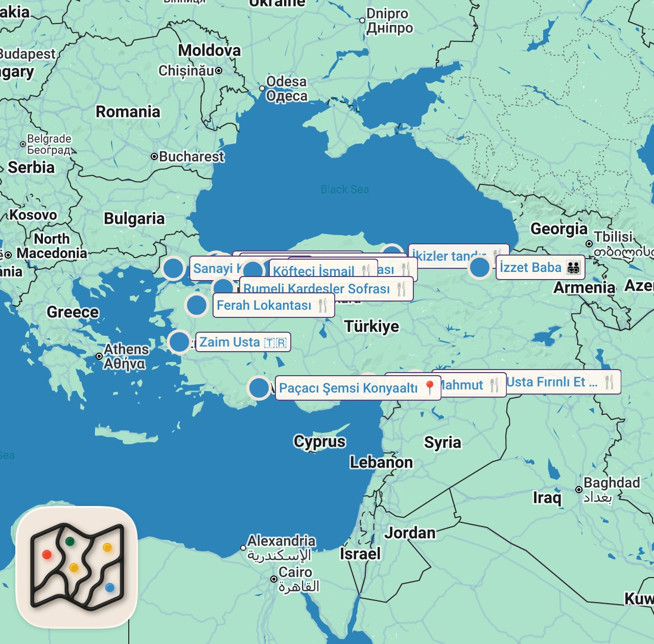 Map of 13 spots from THE BEST OF ANATOLIAN CUISINE 🇹🇷 | 14 Must-Visit Restaurants Across 13 Cities