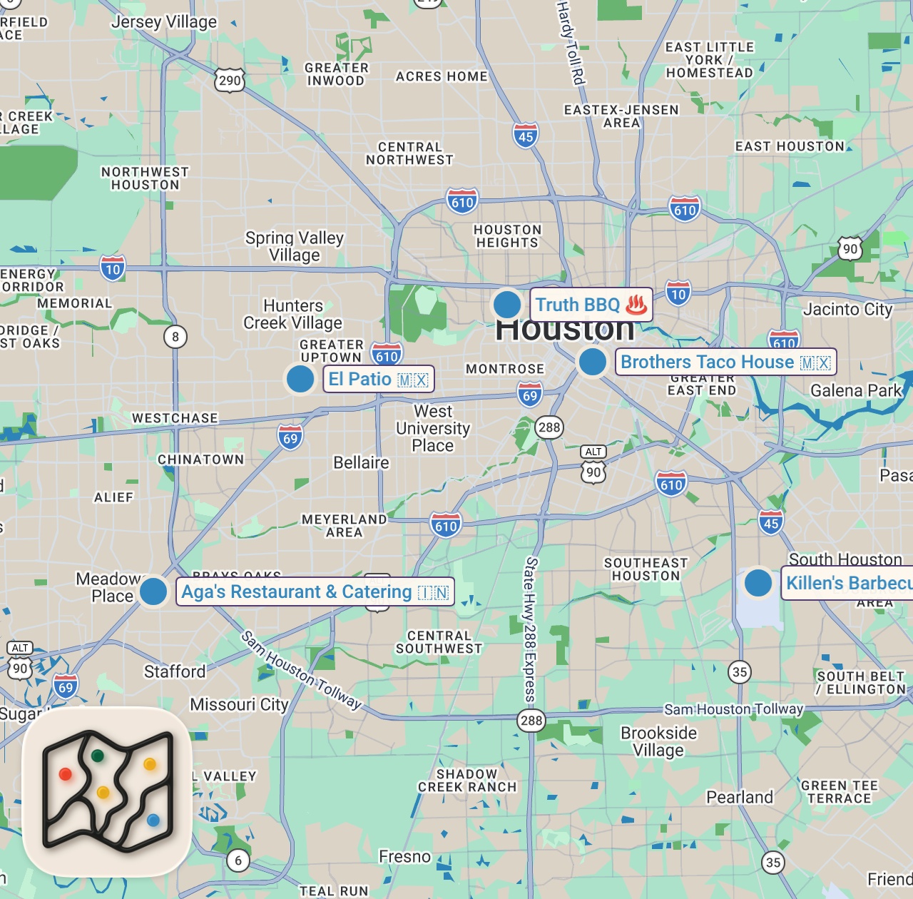 Map of 5 spots from 48 Hours Eating Houston’s Most LEGENDARY Food!