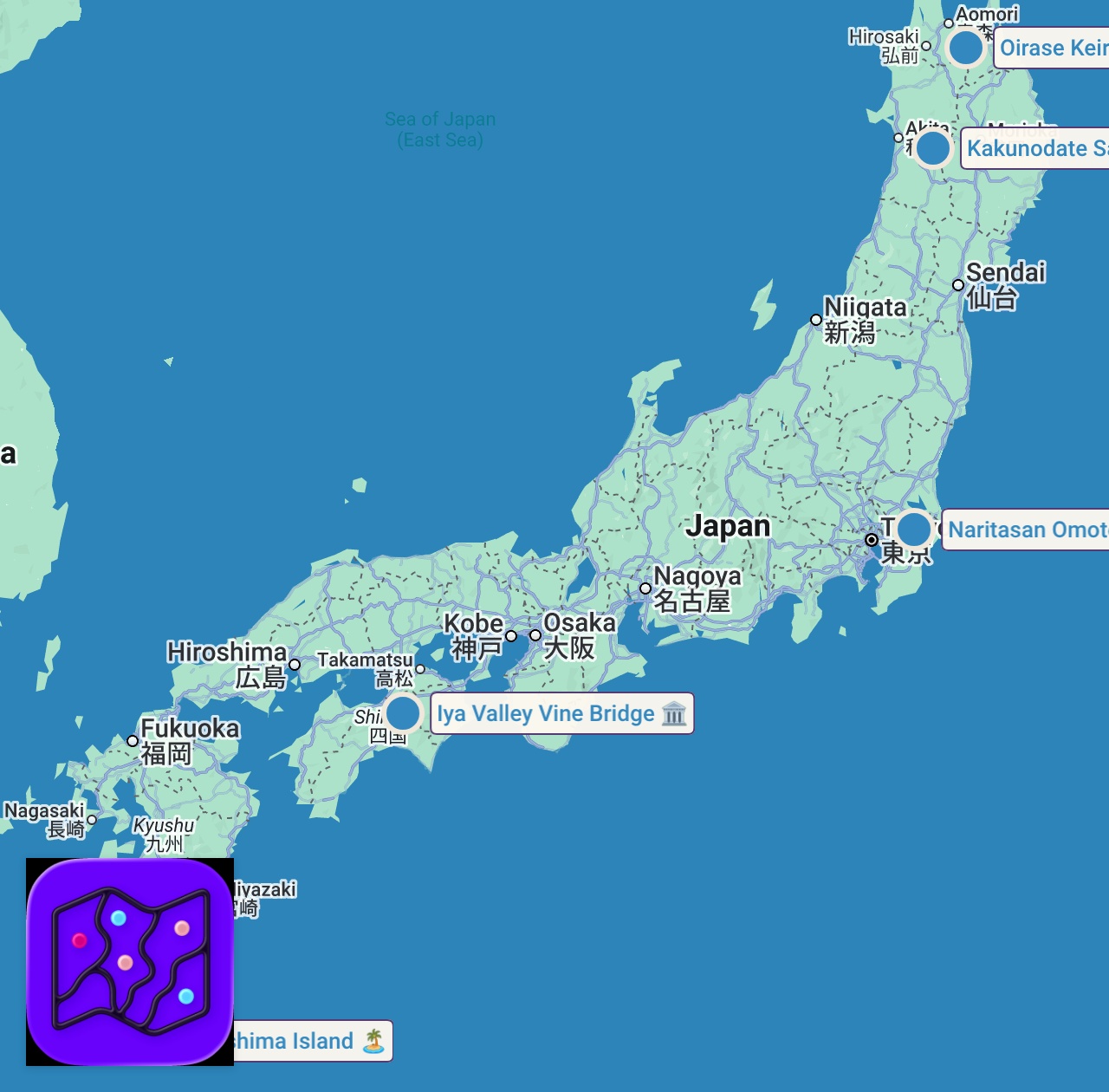 Map of 5 spots from 6 Unconventional Places in Japan Most Tourists Miss (Zero Crowds!)