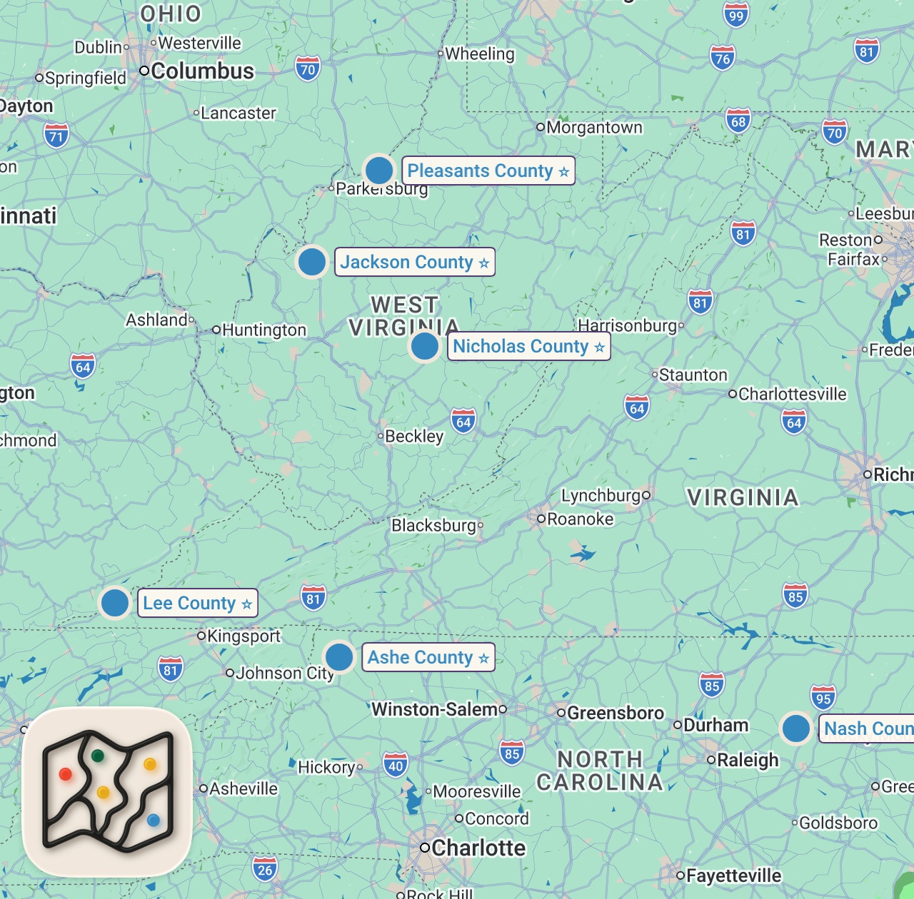 Map of 6 spots from Close Encounters with Terrifying Monsters | Mountain Monsters | Travel Channel