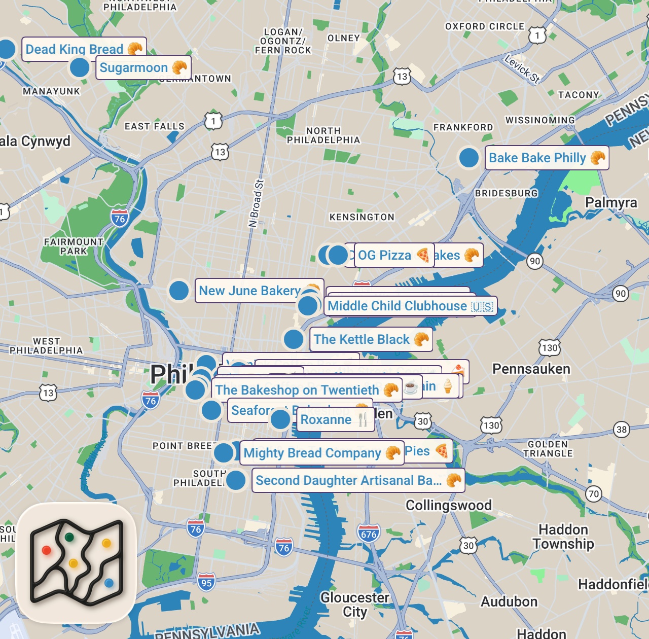 Map of 24 spots from Best chocolate chip cookies in Philly.