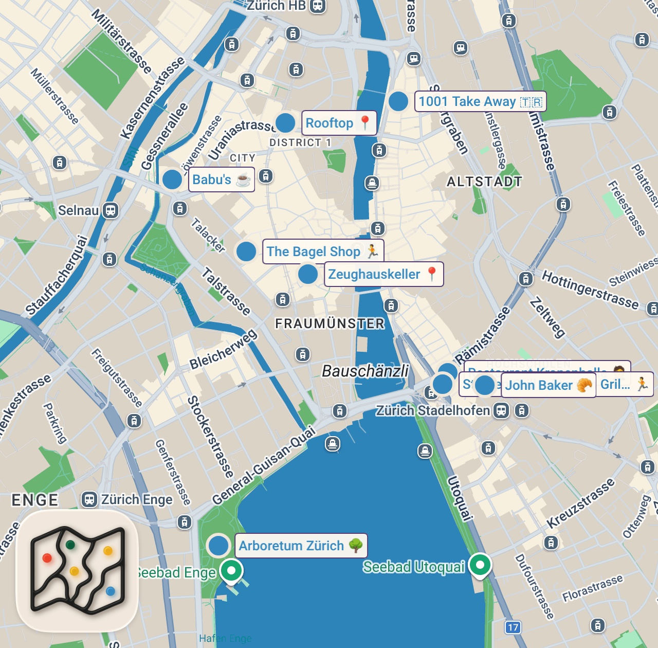 Map of 9 spots from 10 MUST EAT Restaurants in Zurich Switzerland (food guide) ! | Jeremy Jacobowitz