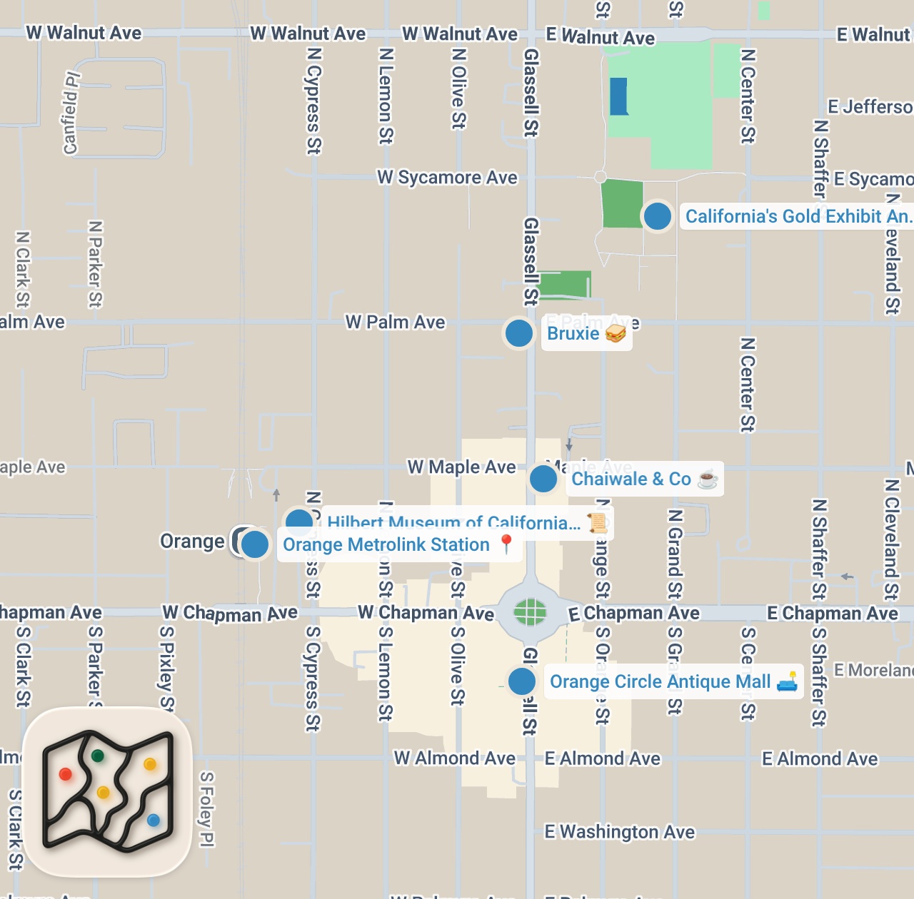 Map preview for Perfect Day in Orange, California: Vintage Shops, Waffle Sandwiches & More