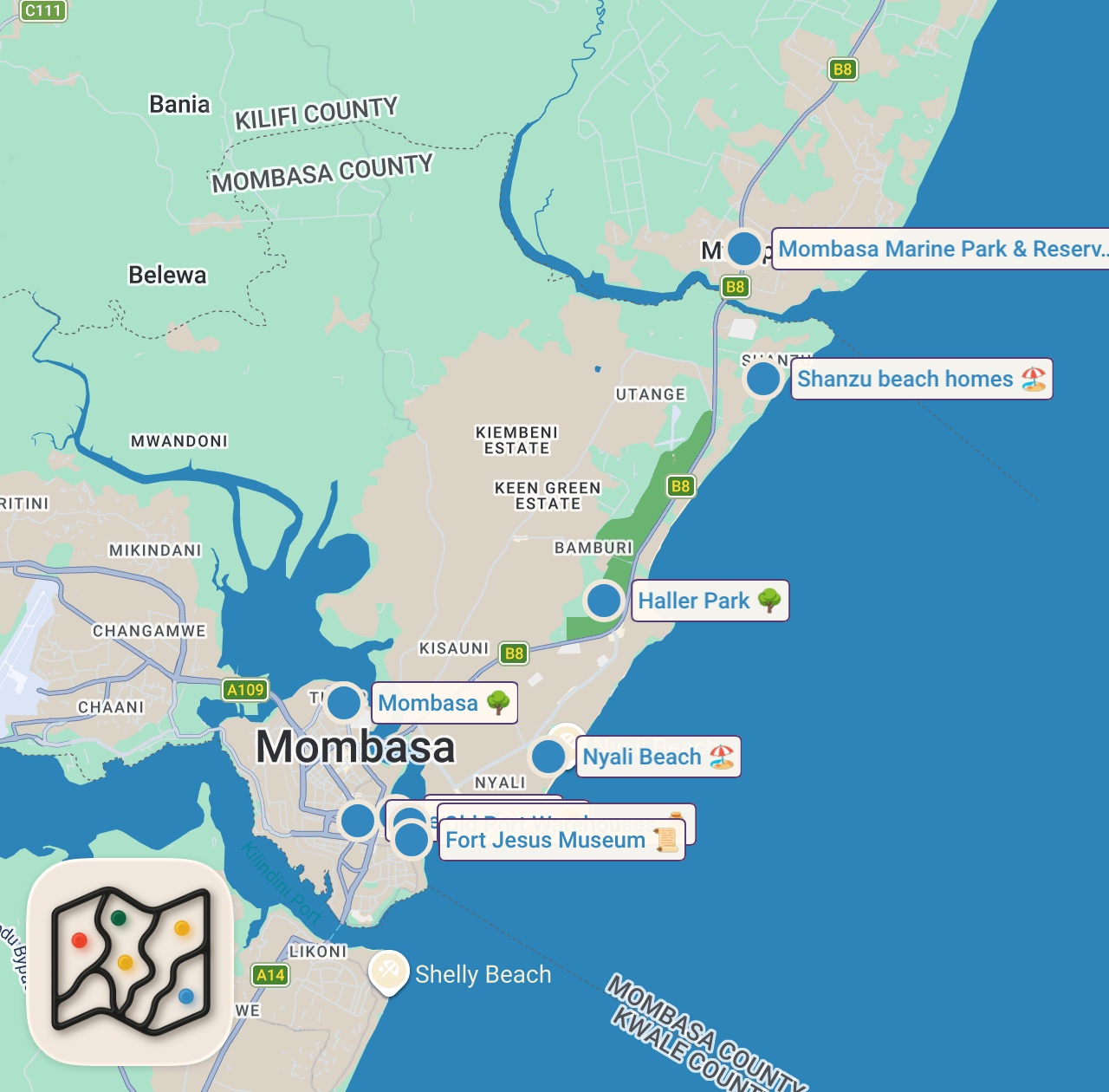 Map of 10 spots from This Is How They Treat You (shocking behavior by a shop owner) Mombasa, Kenya 🇰🇪