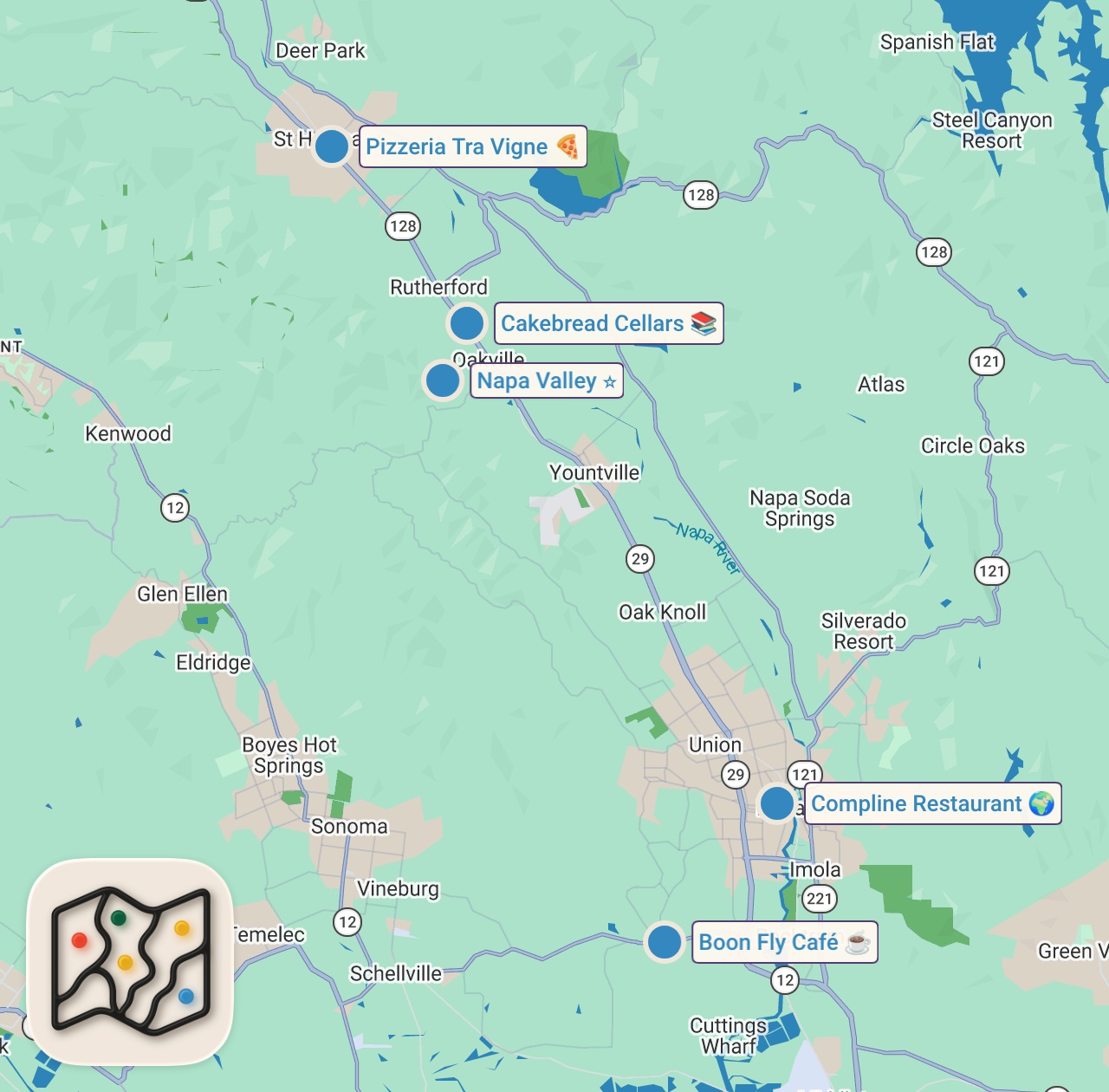 Map of 5 spots from Giant 9 DISHES BREAKFAST!! Farm to Table FOOD TOUR in Napa Valley, California!!