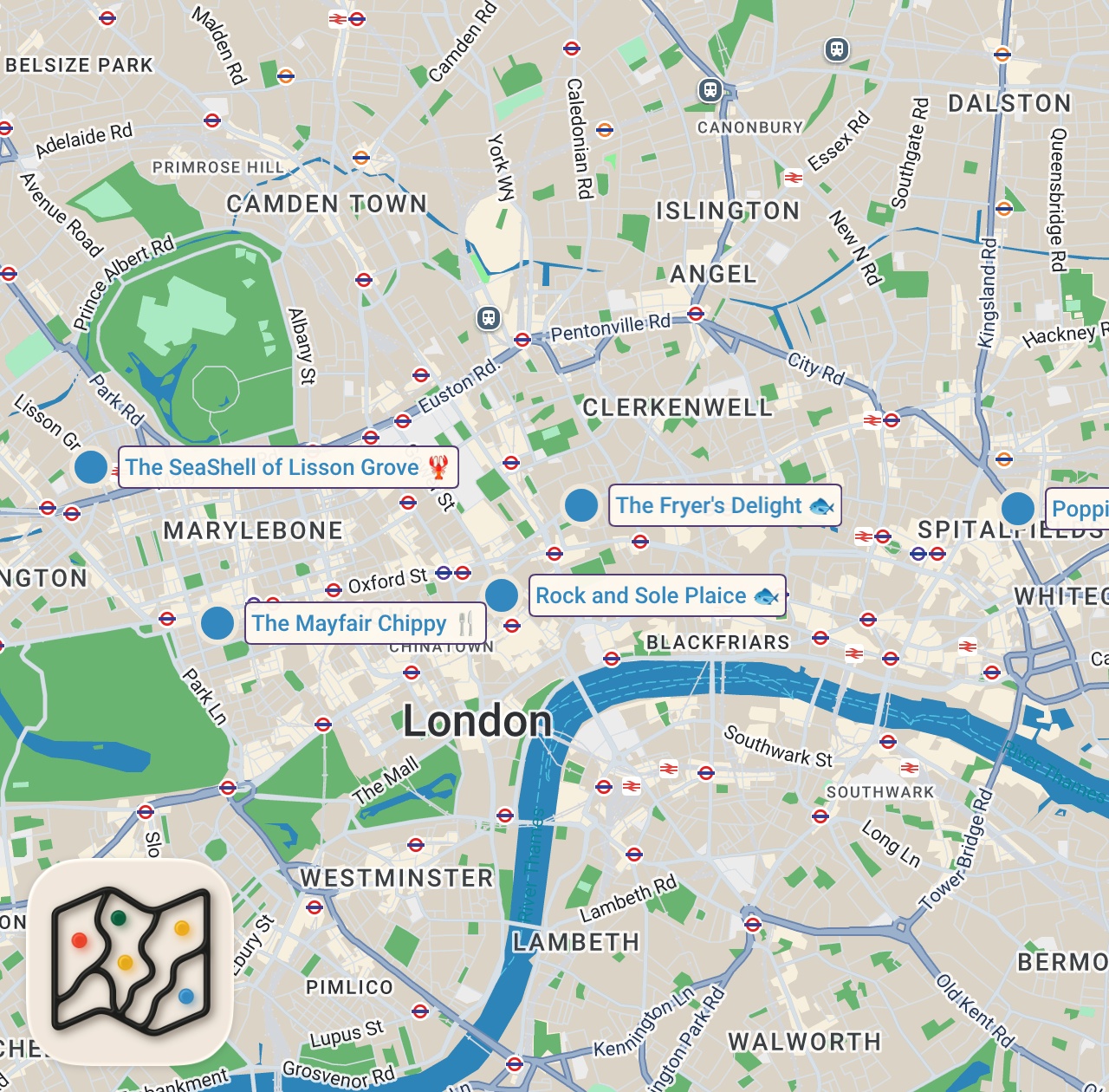 Map of 5 spots from Finding the Best Fish & Chips in London