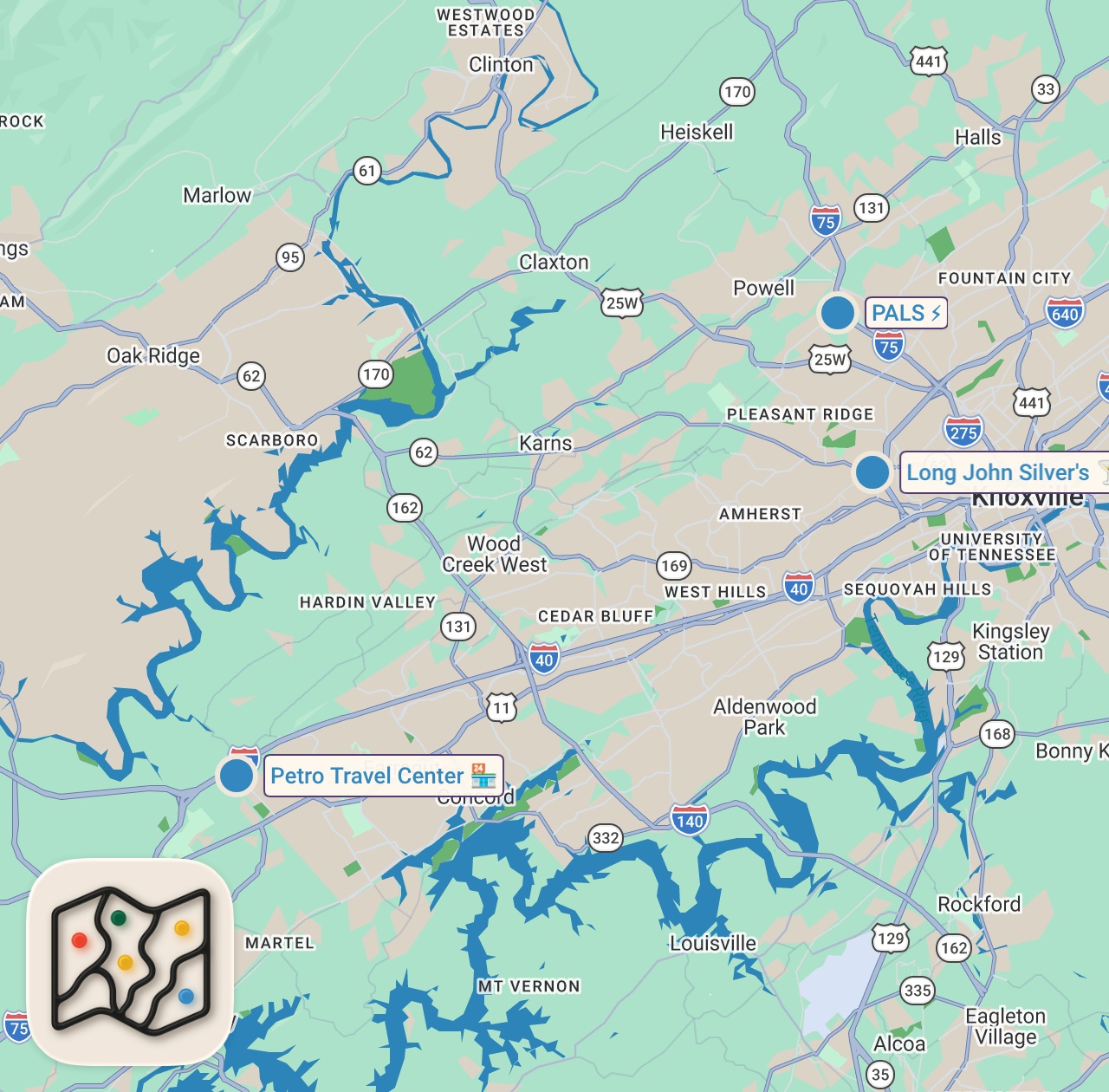 Map of 3 spots from Eating Southern Fast Food For 24 Hours... *East Tennessee*
