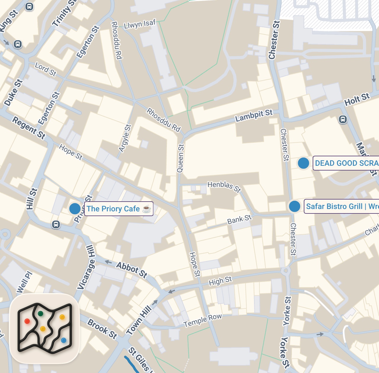 Map of 3 spots from Eating at Wrexham’s TOP food spots 🏴󠁧󠁢󠁷󠁬󠁳󠁿