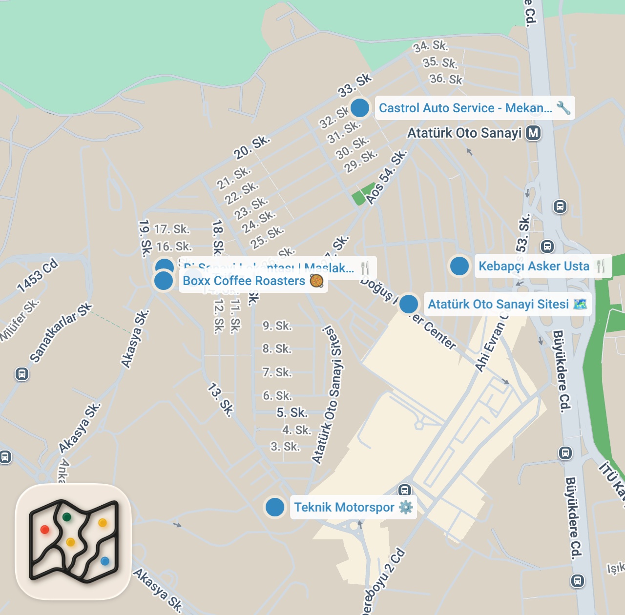 Map preview for MASLAK SANAYİ LEZZETLERİ (Kruvasan, smash burger, Adana kebabı, Arnavut ciğeri) - Ayaküstü Lezzetler