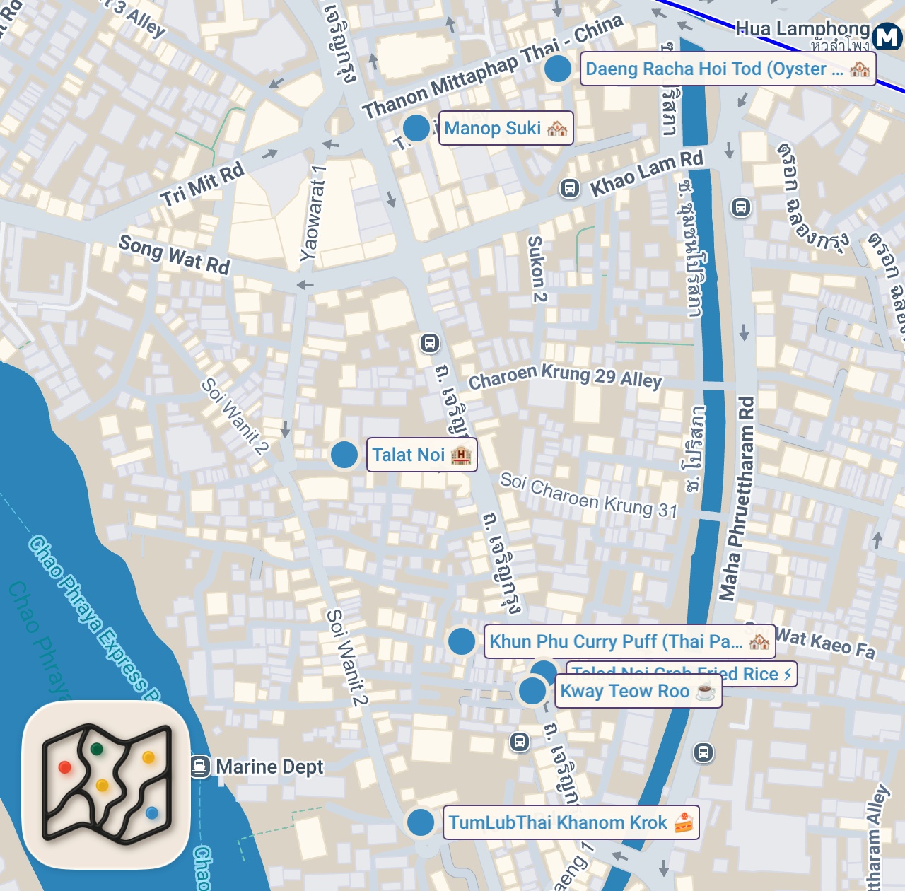 Map of 7 spots from Thai Street Food - Sold Out in 2 Hours!! 🇹🇭 Best Food in Old Bangkok - Talad Noi!