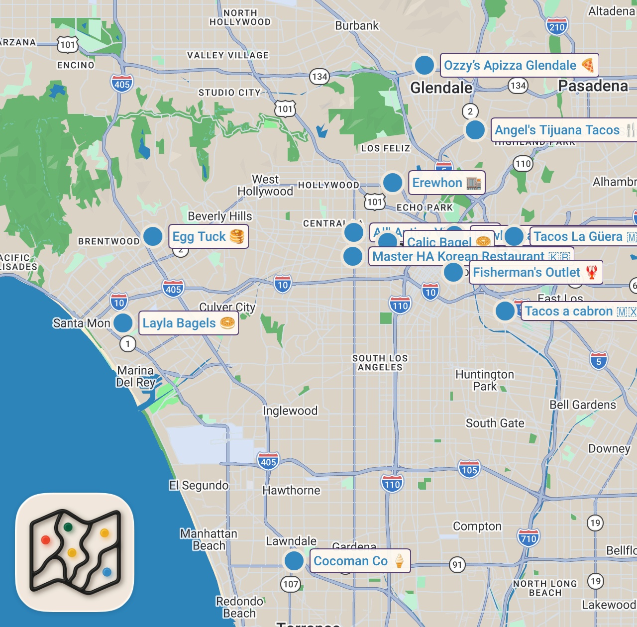 Map of 13 spots from Worth it? Eating and Rating TikTok’s Most VIRAL LA Foods 2024 (15 spots)