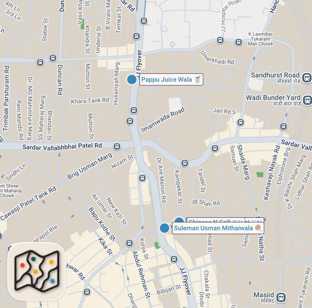Map preview for MUSLIM Indian street food tour in Mumbai - HALAL Indian food on Mohammed Ali Road, India