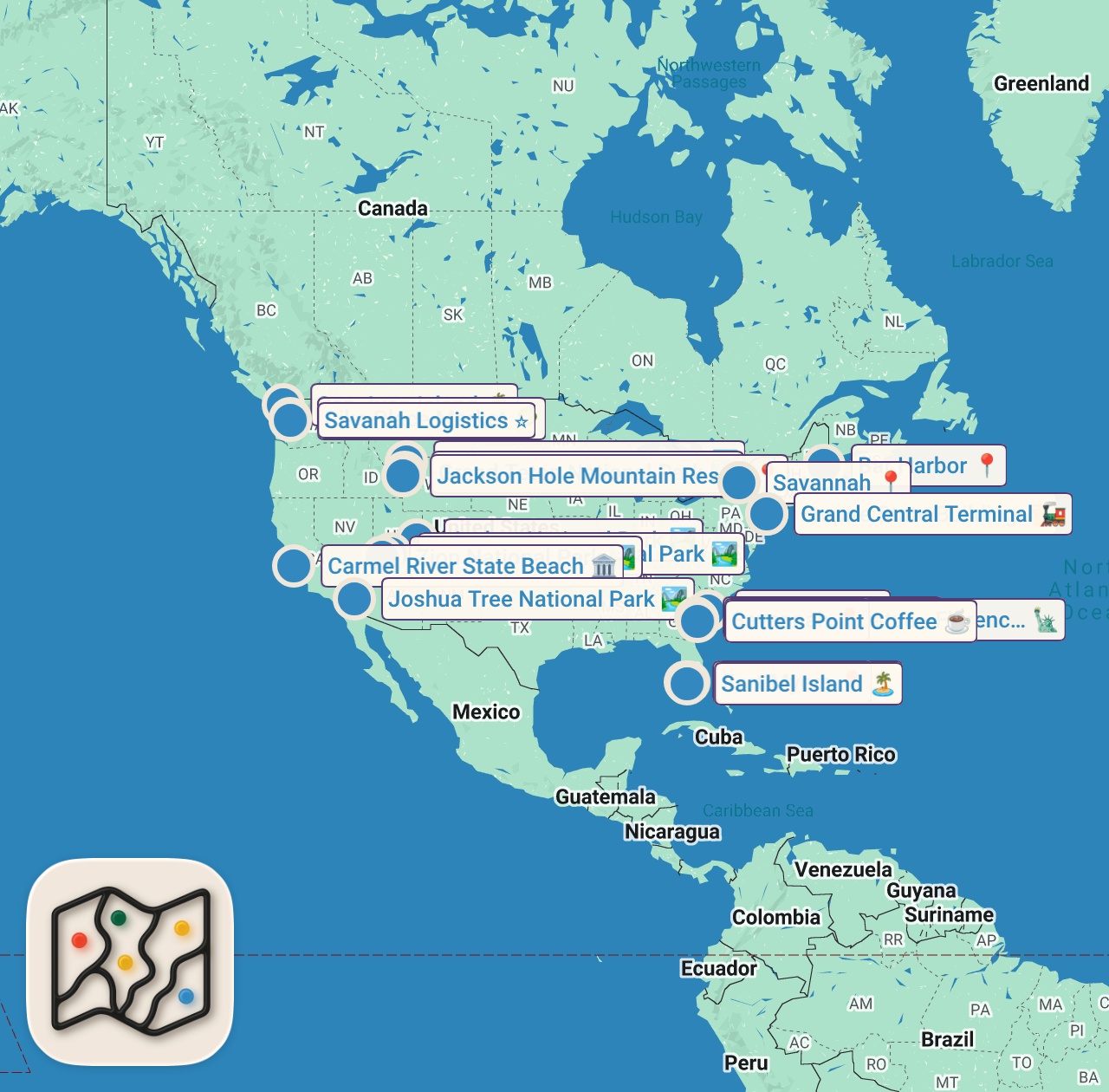 Map of 23 spots from 10 USA Travel Destinations YOU Should Visit
