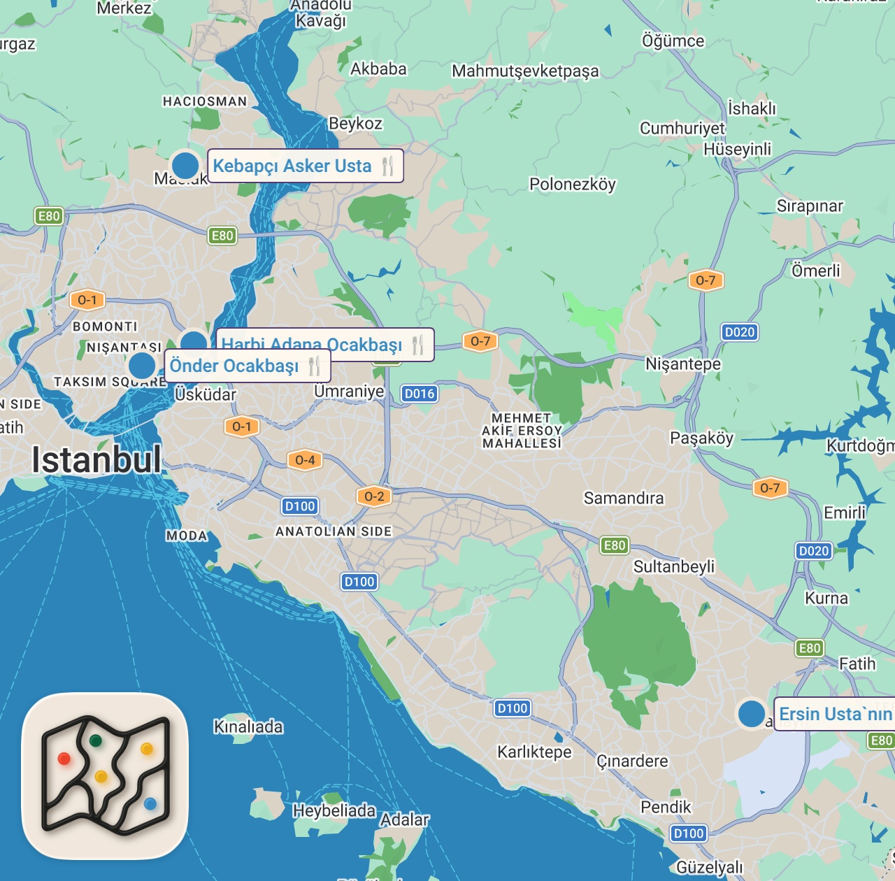 Map of 5 spots from 7 YAŞIMDAN BERİ KEBAP YAPIYORUM! AVRUPA YAKASINDA 5 KEBAPÇI