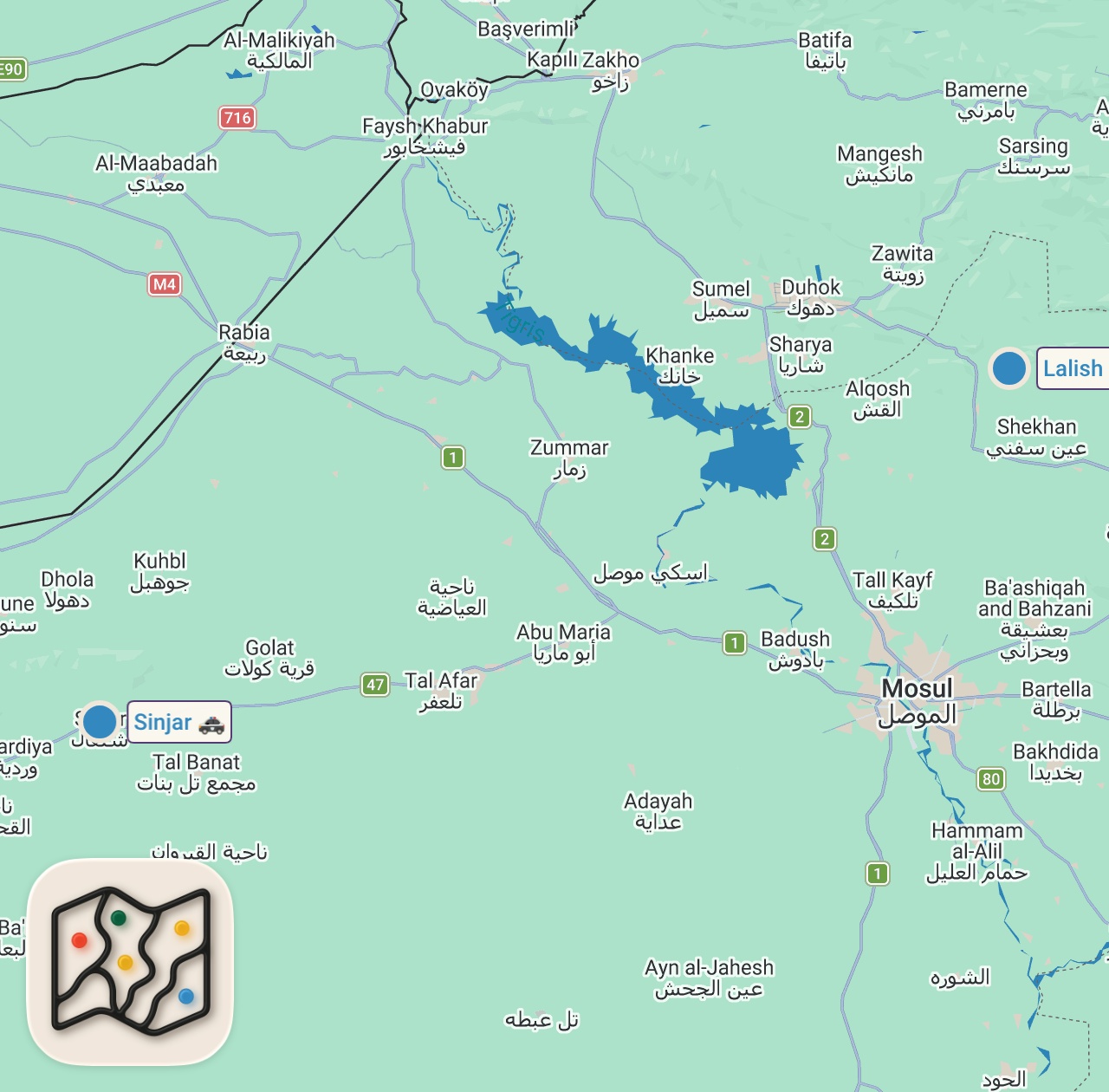 Map of 2 spots from You Never Knew This Religion Existed - Who Are The Yazidis? Lalish, Kurdistan 🇹🇯 (survived ISIS)