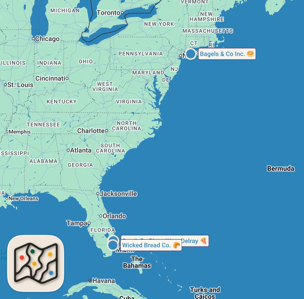 Map of 3 spots from Eating Instagram VIRAL Food For 24 Hours… (South Florida)