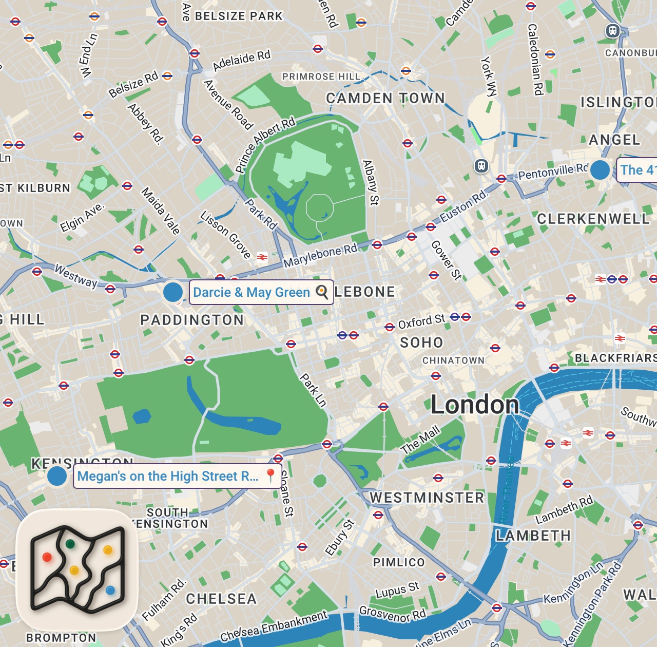 Map of 3 spots from Finding the Best Bottomless Brunch in London