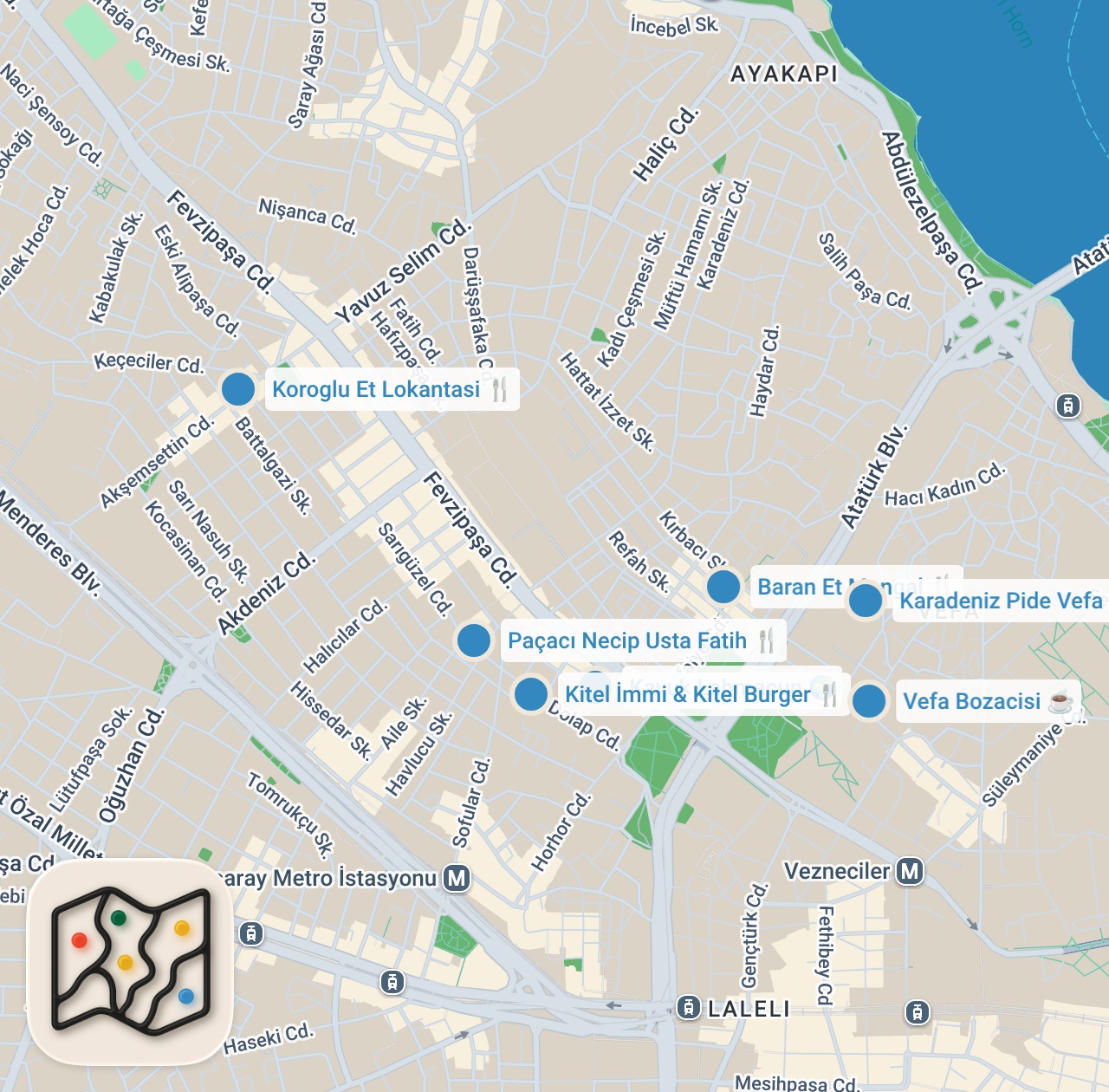 Map preview for FATİH LEZZET REHBERİ (Kitel, ayak paça, lahmacun, küşleme, boza) - Ayaküstü Lezzetler