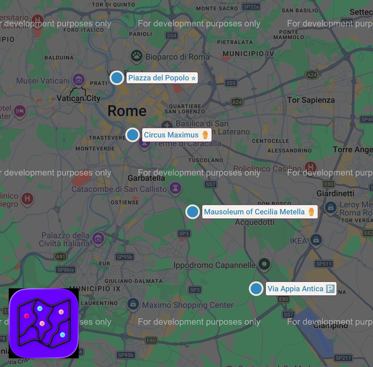 Map of 4 spots from Italian vlog: una passeggiata sull'Appia Antica e i festeggiamenti del 2 giugno a Roma (ita subs)