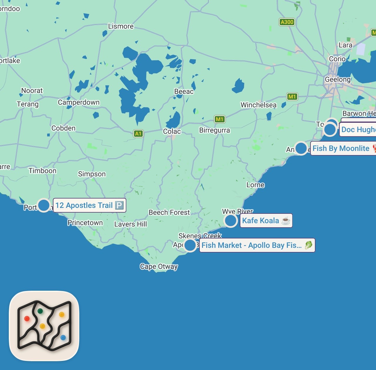 Map of 7 spots from FISH & CHIPS Mountain!! 🐟 🍟 Best Australian SEAFOOD on the Great Ocean Road!!