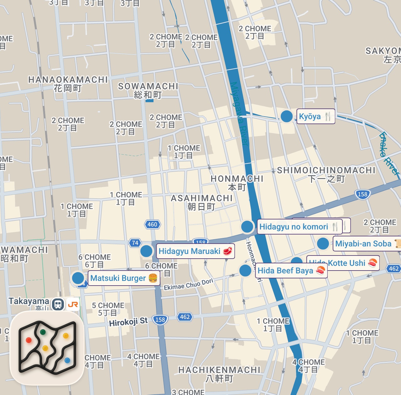 Map of 8 spots from Japanese Street Food - Eating Only Wagyu in Takayama for 24 Hours 🇯🇵