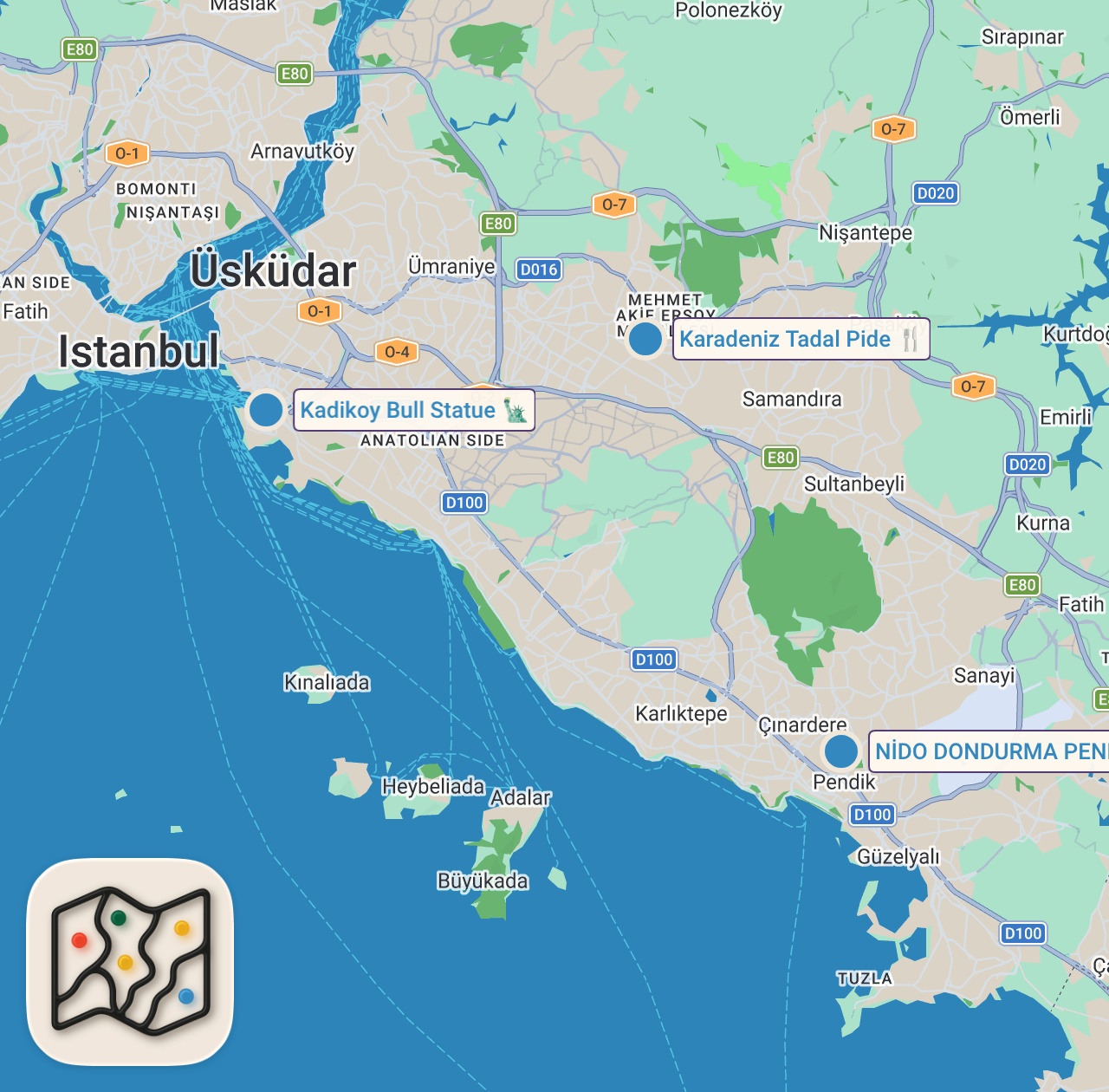 Map of 3 spots from KADIKÖY BOĞASININ EN SEVDİĞİ YEMEKLER@KadıköyBoğasıOfficial