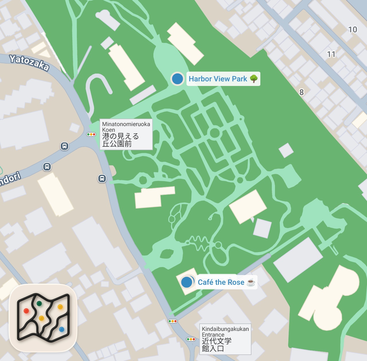 Map preview for 【港の見える丘公園】cafe vlog │ バラ園に囲まれた癒しのレストラン