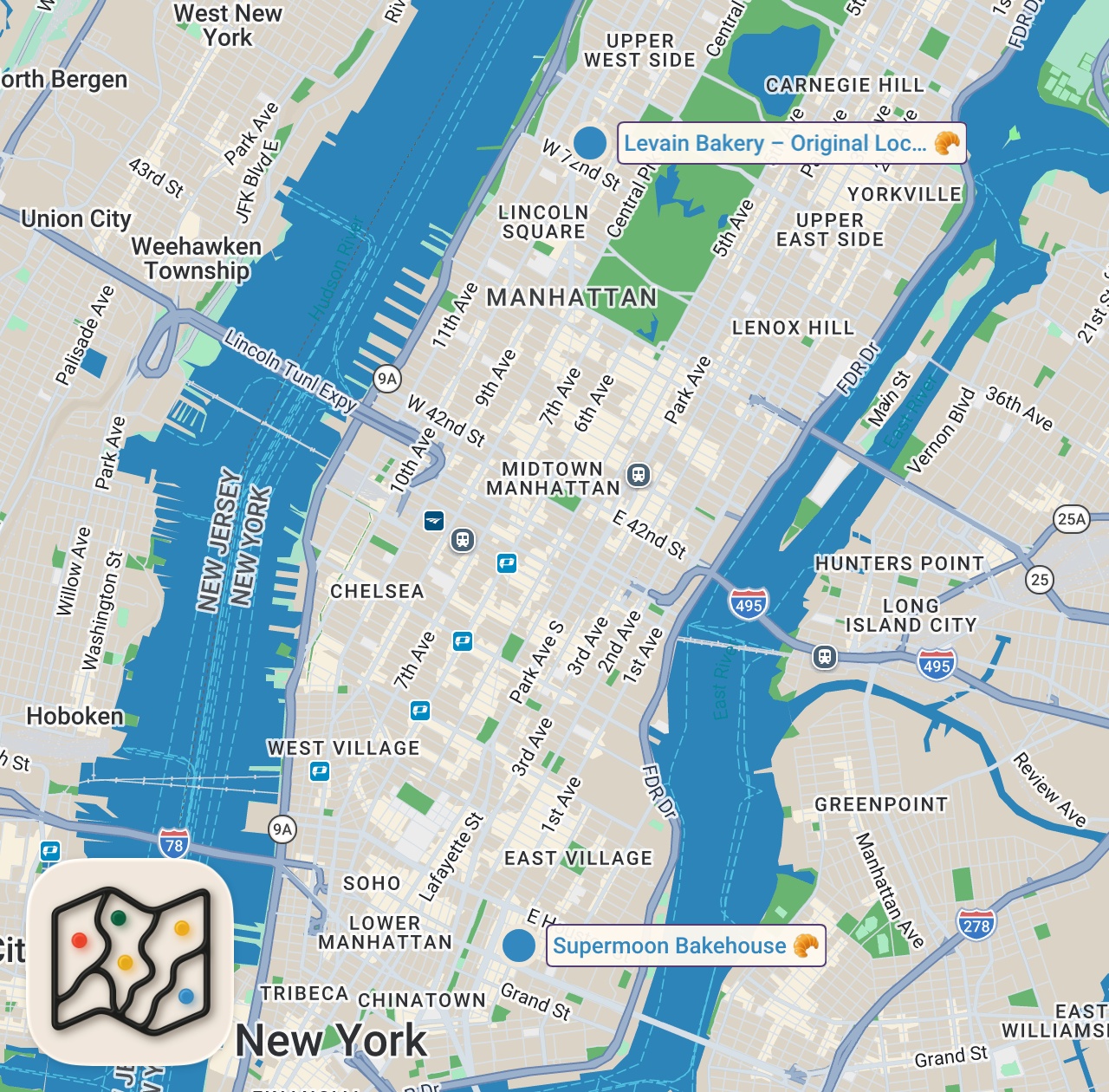 Map of 2 spots from Only eating at bakeries for a full day in NYC! #foodie #NYC #eating #bakery #dessert #shorts